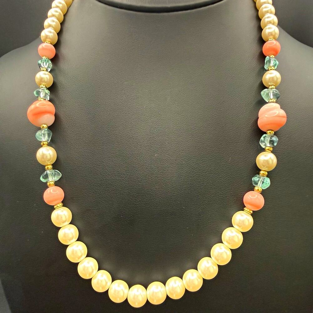 Vintage Pastel Pink Glass & Faux Pearl Bead Strand Necklace 20 Inch Romantic